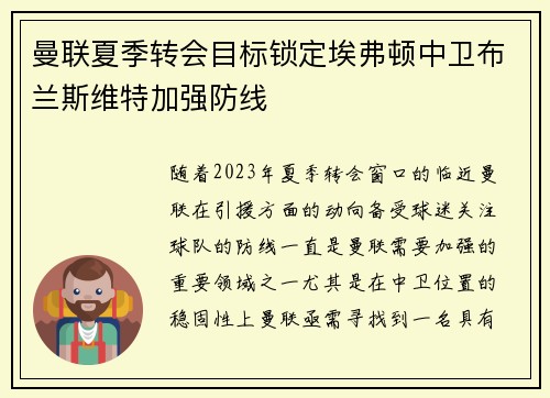 曼联夏季转会目标锁定埃弗顿中卫布兰斯维特加强防线 曼联夏季转会目标锁定埃弗顿中卫布兰斯维特加强防线
